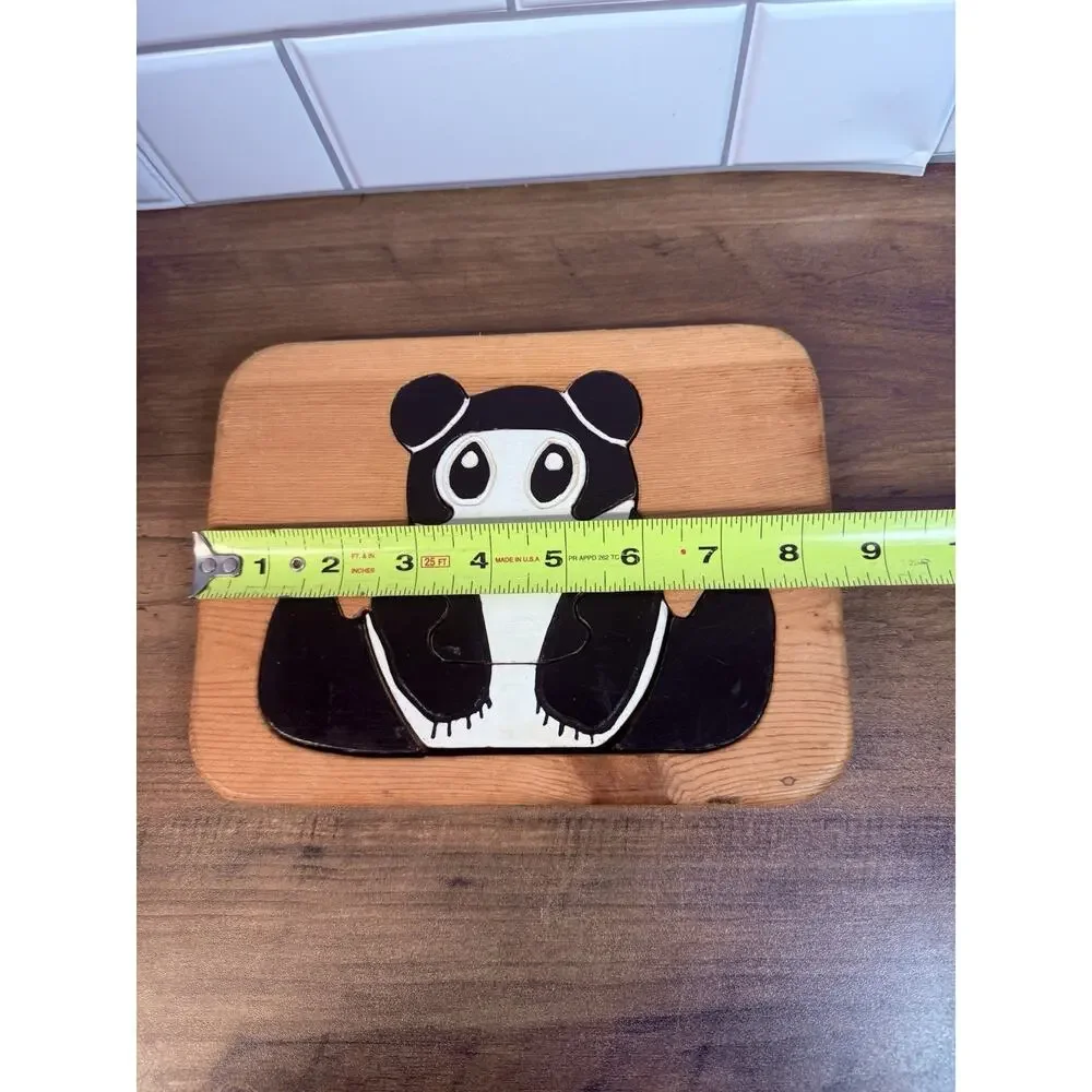 Vintage Handmade Wooden Tray Puzzles Teddy Bear & Panda Folk Art Set